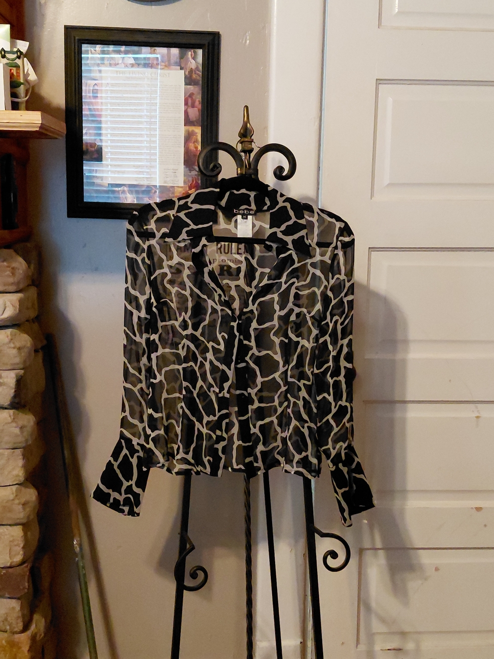 bebe Black & White Sheer Abstract Print Button-Down Sheer Shirt